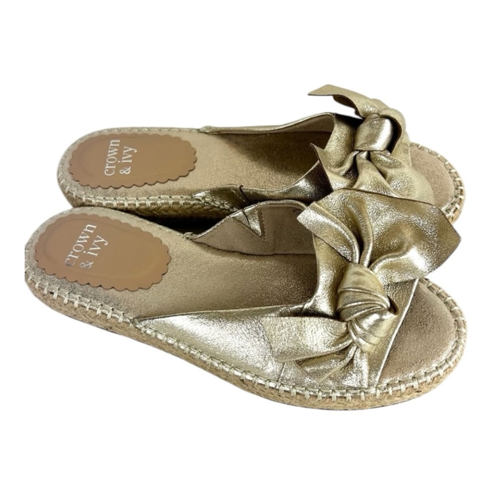 CROWN & IVY KEISHA GOLD BOW ESPADRILLE LEATHER UPPER SANDALS SIZE 6.5 - Picture 2 of 2
